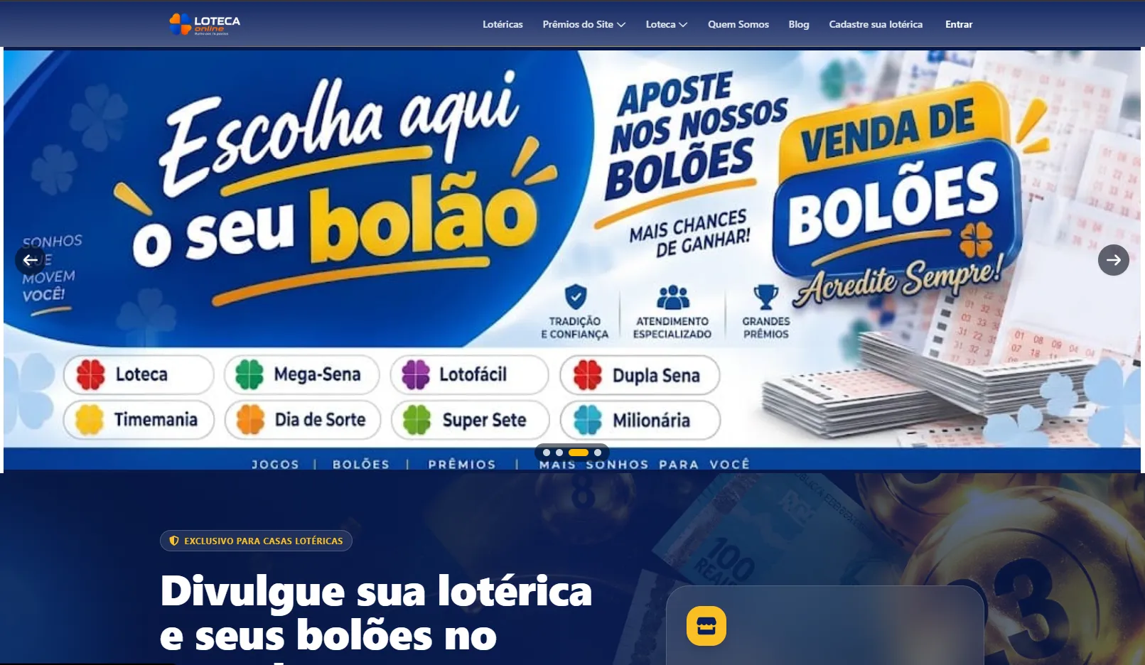 Loteca Online: página inicial da plataforma de bolões