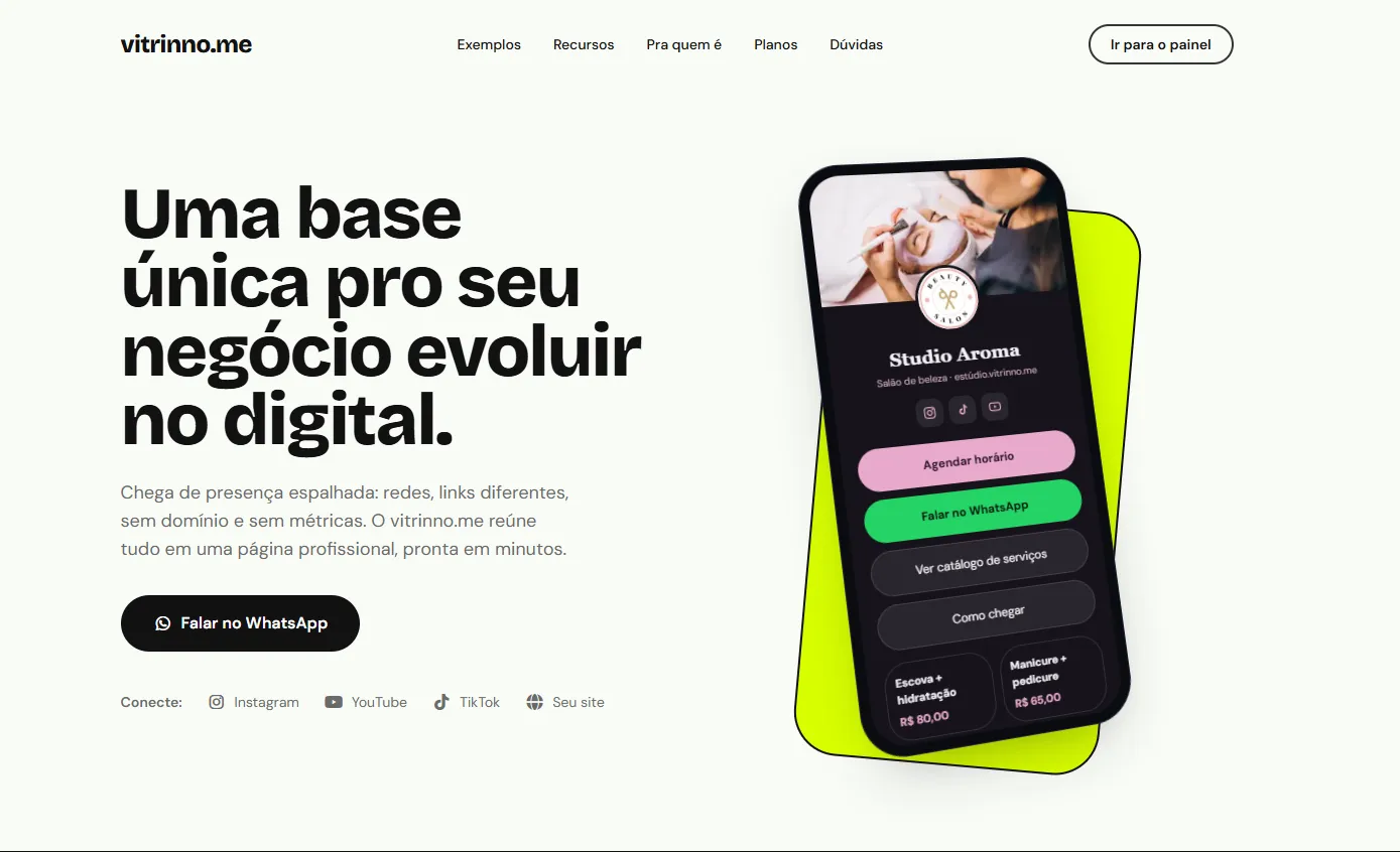Vitrinno.me: página inicial da plataforma de microsites